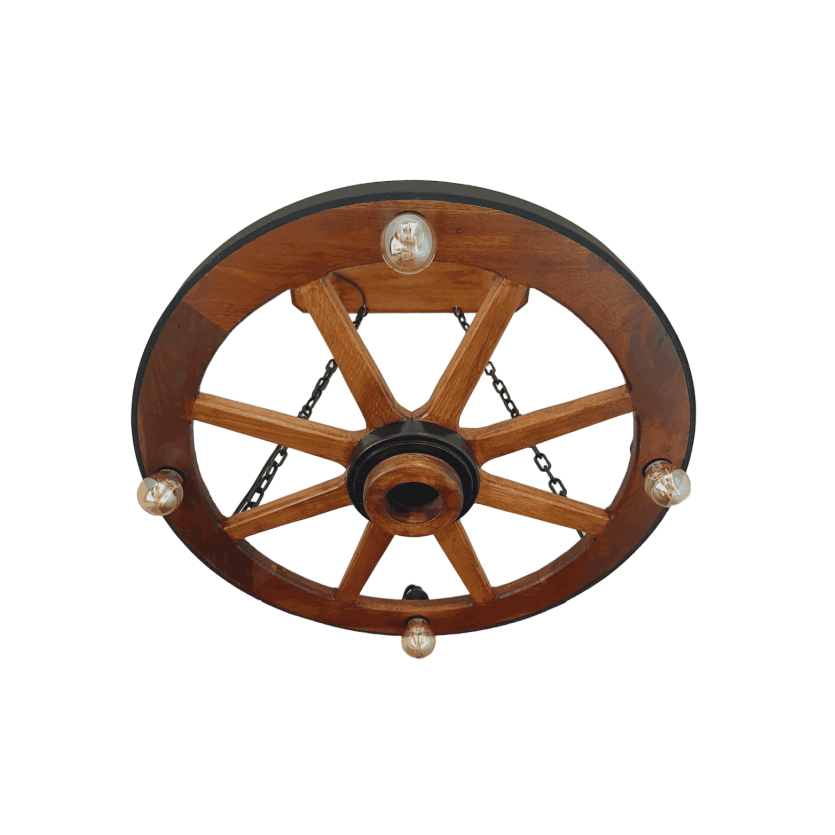 Lustre Rústico Roda de Carroça 60cm Madeira Maciça 4 Lâmpadas Bivolt Teto Retro Antunes ( não acompanha lampadas )