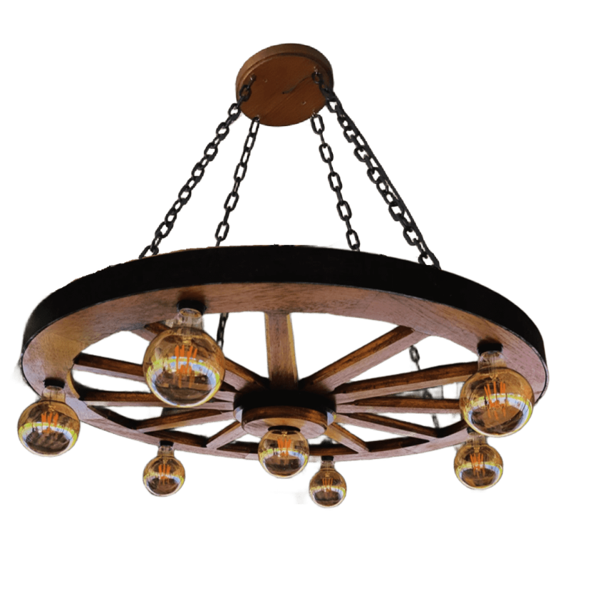 Lustre Rústico Gigante 90cm 7 Bocais Roda de Carroça Madeira Maciça Retrô Artesanal – Antunes (não acompanha lampadas)