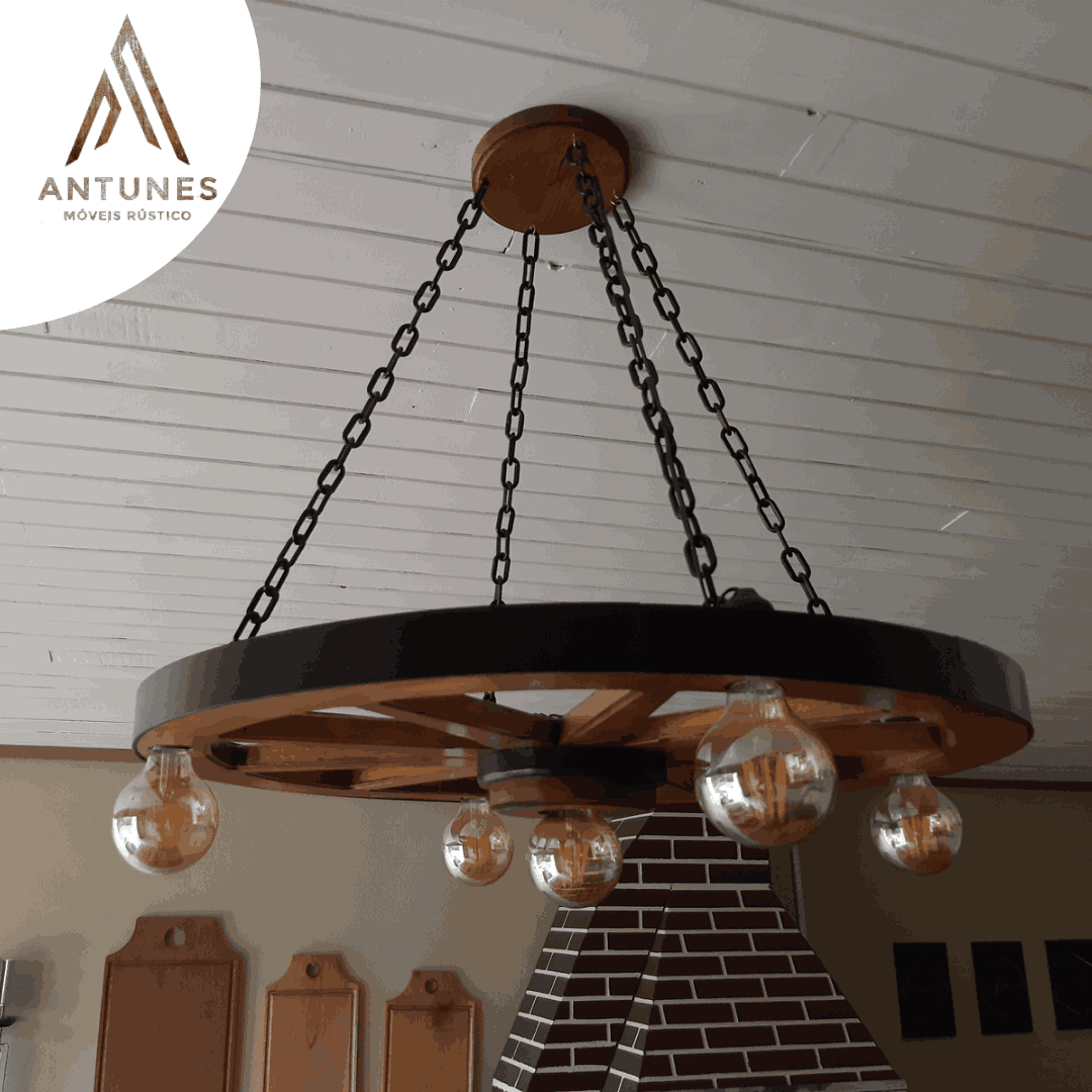 Lustre Rústico Roda de Carroça 70cm 5 Lâmpadas Madeira Maciça Retrô Artesanal – Antunes (não acompanha lampadas) - Imagem 21