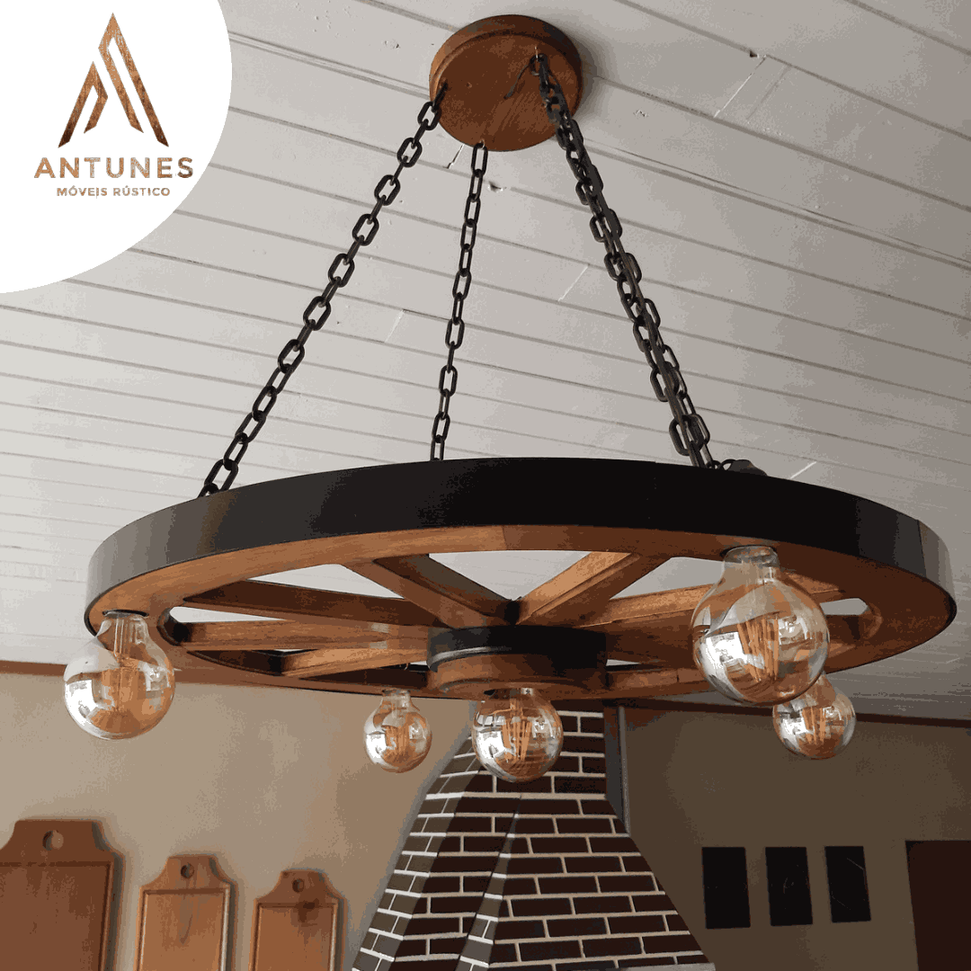 Lustre Rústico Roda de Carroça 70cm 5 Lâmpadas Madeira Maciça Retrô Artesanal – Antunes (não acompanha lampadas) - Imagem 20