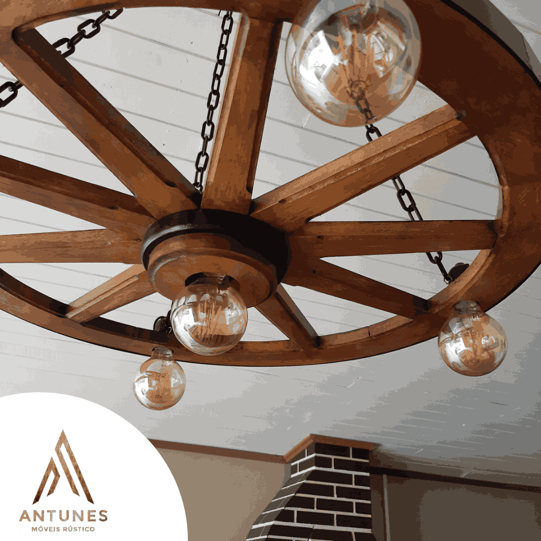 Lustre Rústico Roda de Carroça 70cm 5 Lâmpadas Madeira Maciça Retrô Artesanal – Antunes (não acompanha lampadas) - Imagem 19