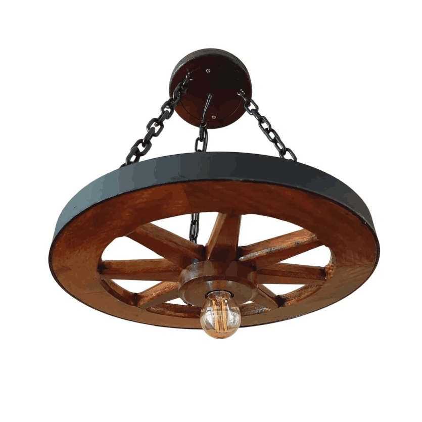 Luminária Pendente Rústica Roda de Carroça 35cm Madeira Maciça E27 – Antunes ( não acompanha lampada )