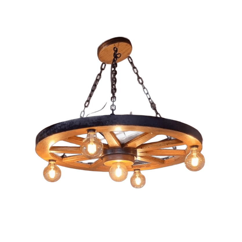 Lustre Rústico Roda de Carroça 70cm 5 Lâmpadas Madeira Maciça Retrô Artesanal – Antunes (não acompanha lampadas)