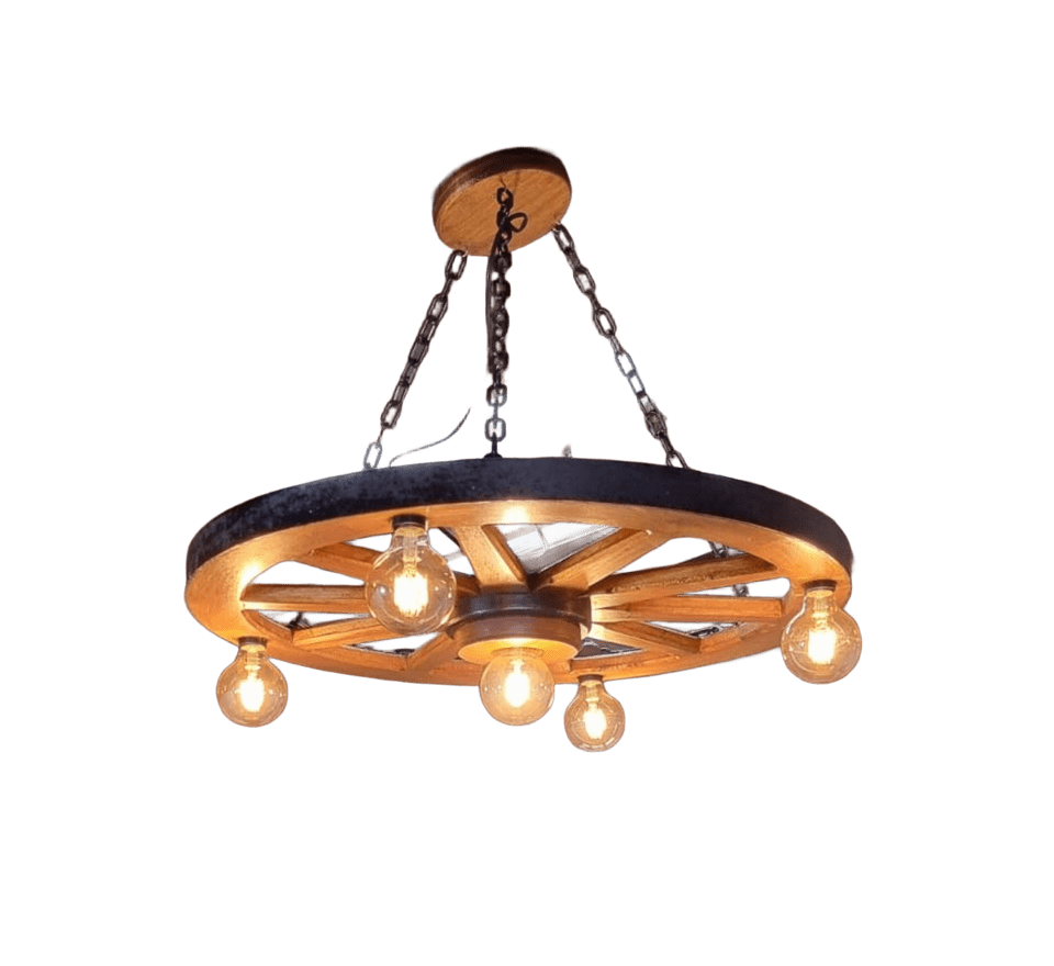 Lustre Rústico Roda de Carroça 70cm 5 Lâmpadas Madeira Maciça Retrô Artesanal – Antunes (não acompanha lampadas)