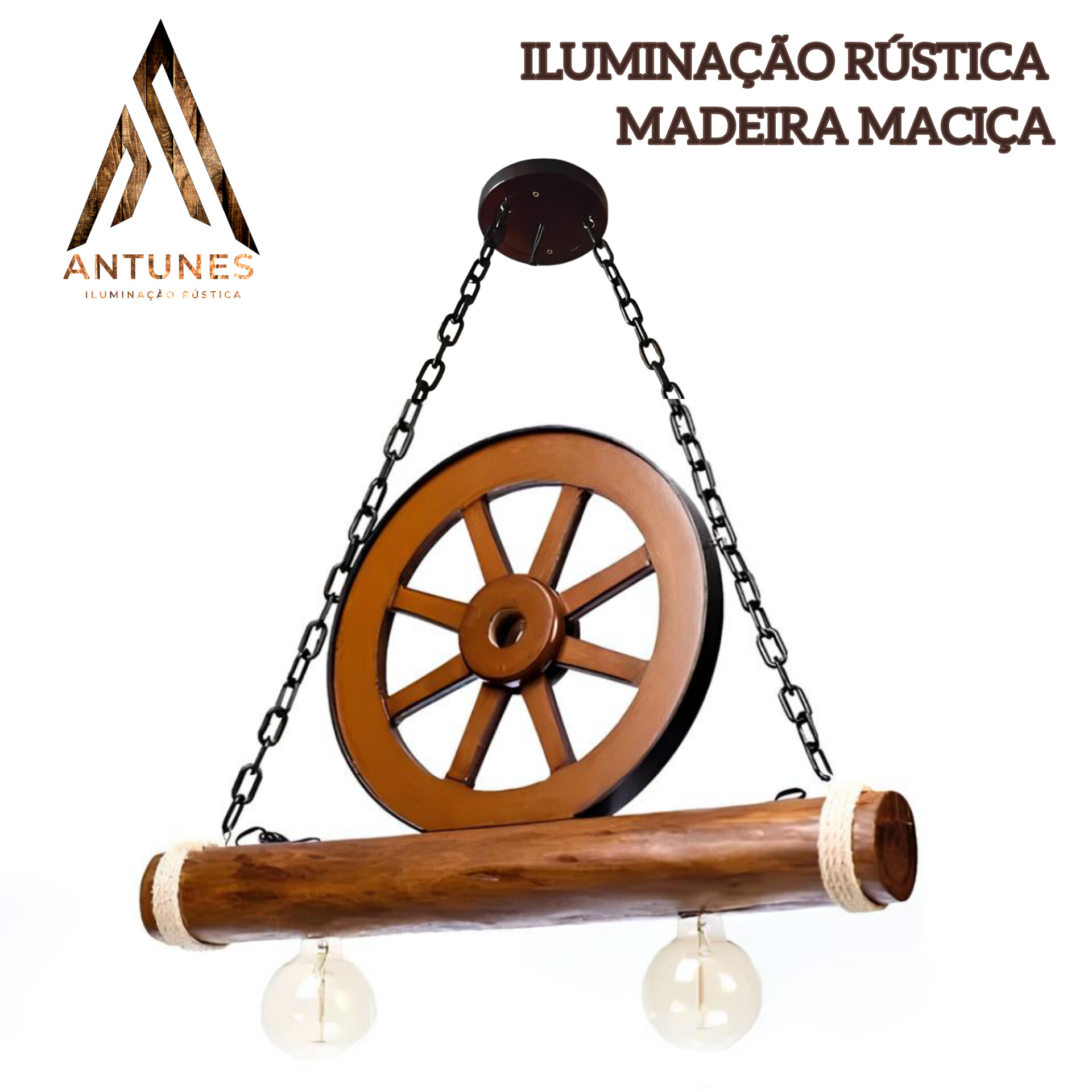 Pendente Rústico Roda de Carroça Caibro Madeira Maciça 2 Lâmpadas Antunes Bivolt (não acompanha lampadas) - Imagem 7