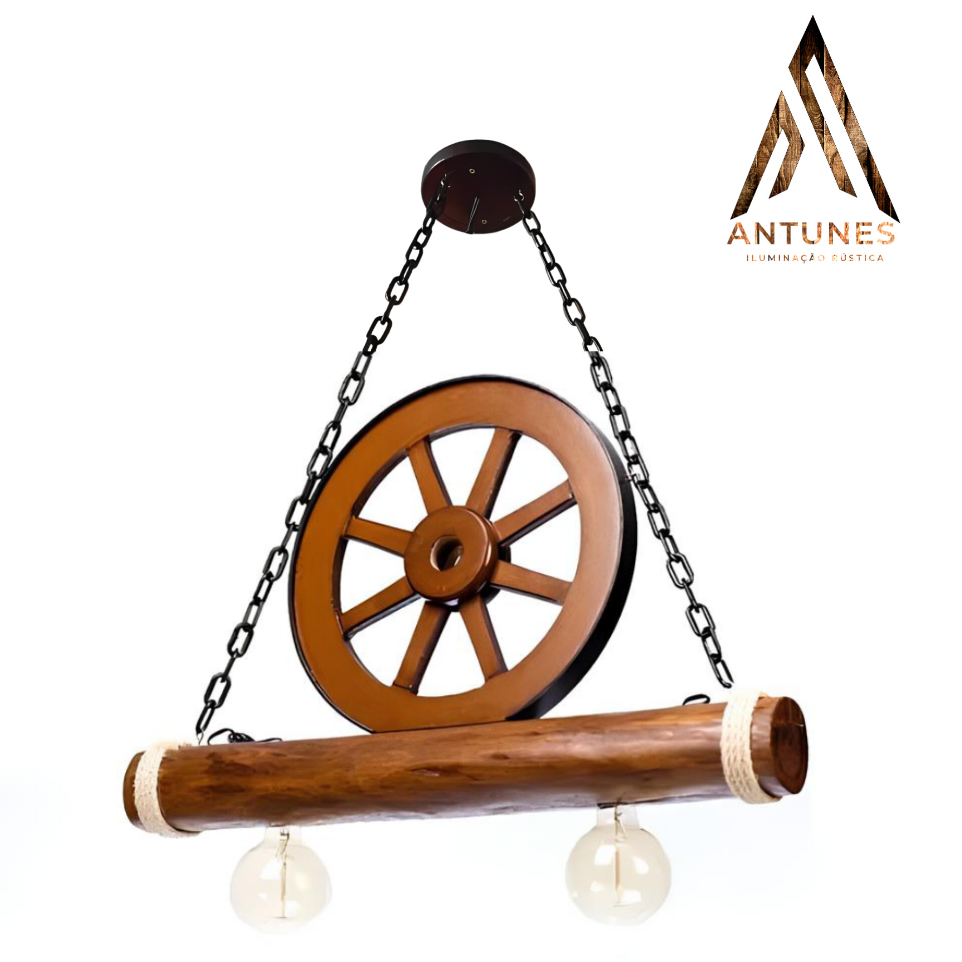 Pendente Rústico Roda de Carroça Caibro Madeira Maciça 2 Lâmpadas Antunes Bivolt (não acompanha lampadas) - Imagem 5