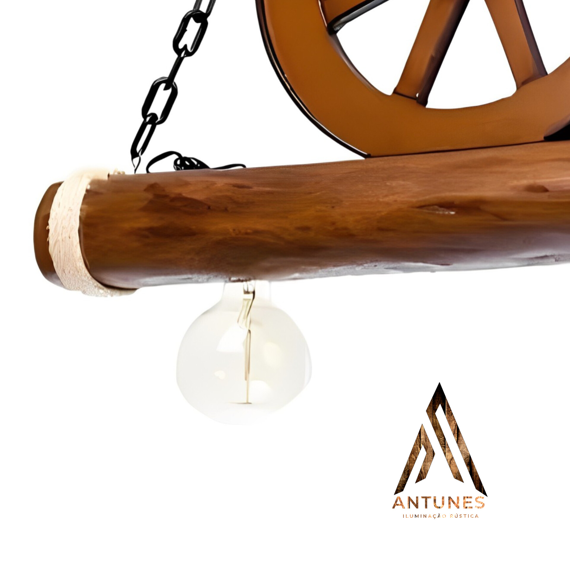 Pendente Rústico Roda de Carroça Caibro Madeira Maciça 2 Lâmpadas Antunes Bivolt (não acompanha lampadas) - Imagem 9