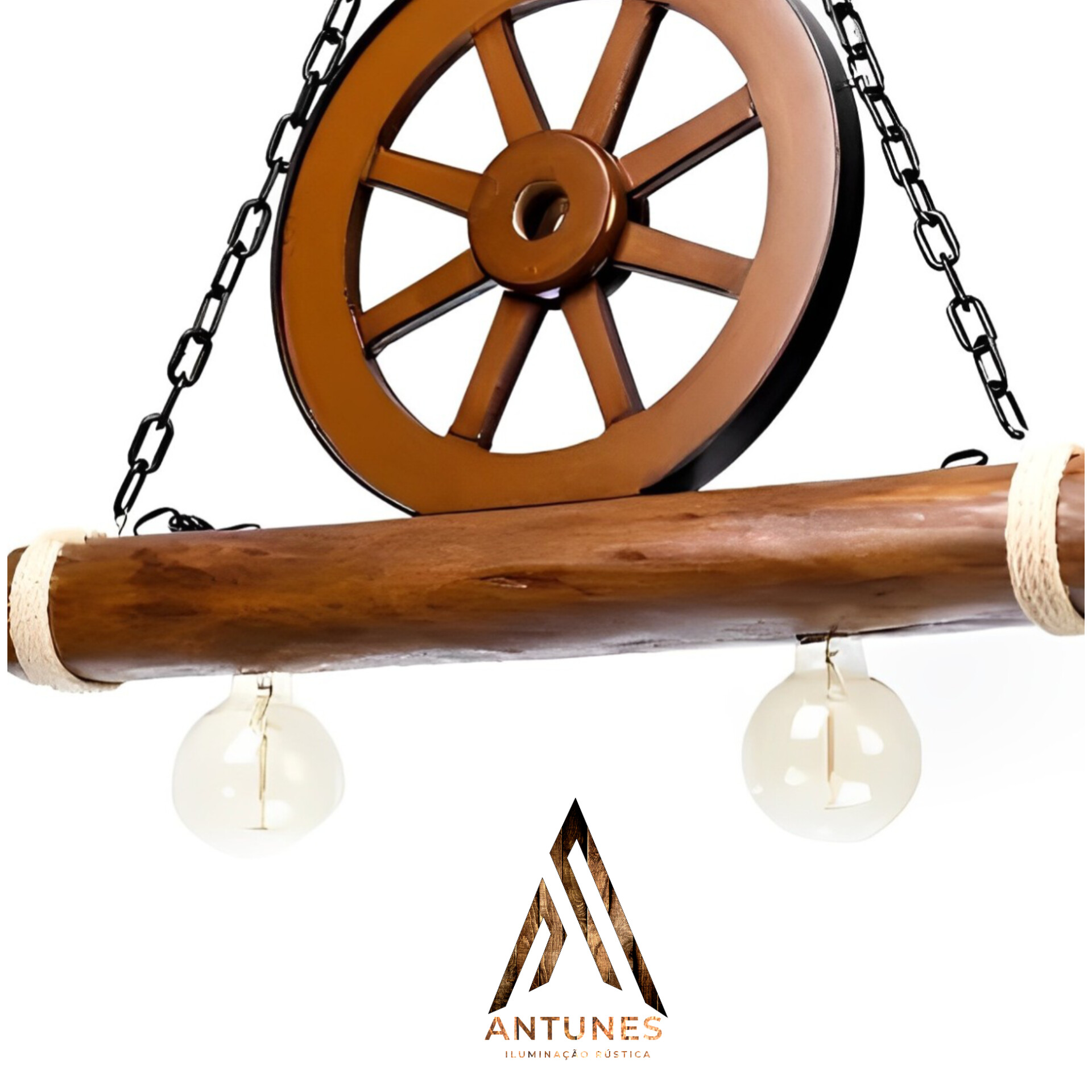 Pendente Rústico Roda de Carroça Caibro Madeira Maciça 2 Lâmpadas Antunes Bivolt (não acompanha lampadas) - Imagem 11