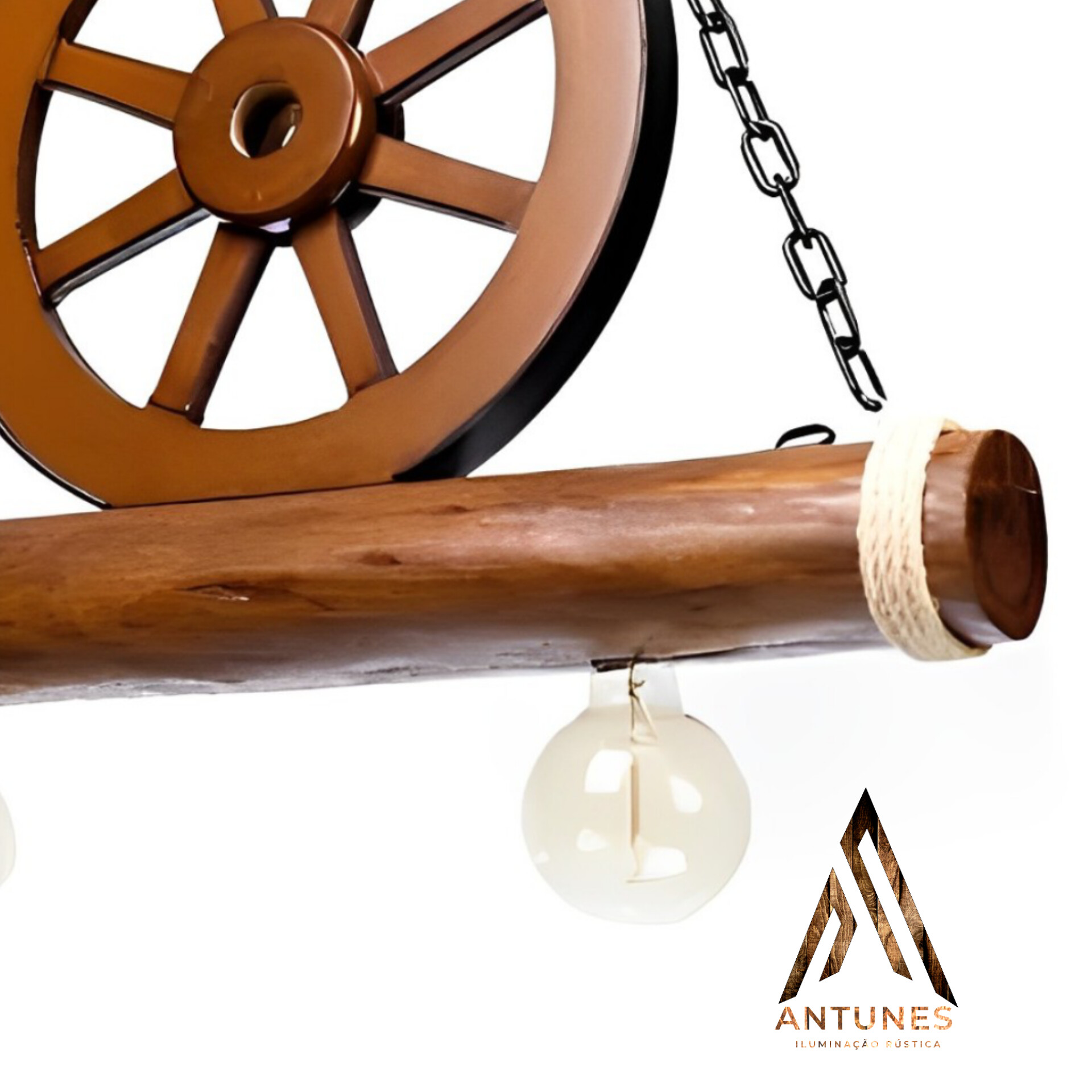 Pendente Rústico Roda de Carroça Caibro Madeira Maciça 2 Lâmpadas Antunes Bivolt (não acompanha lampadas) - Imagem 4