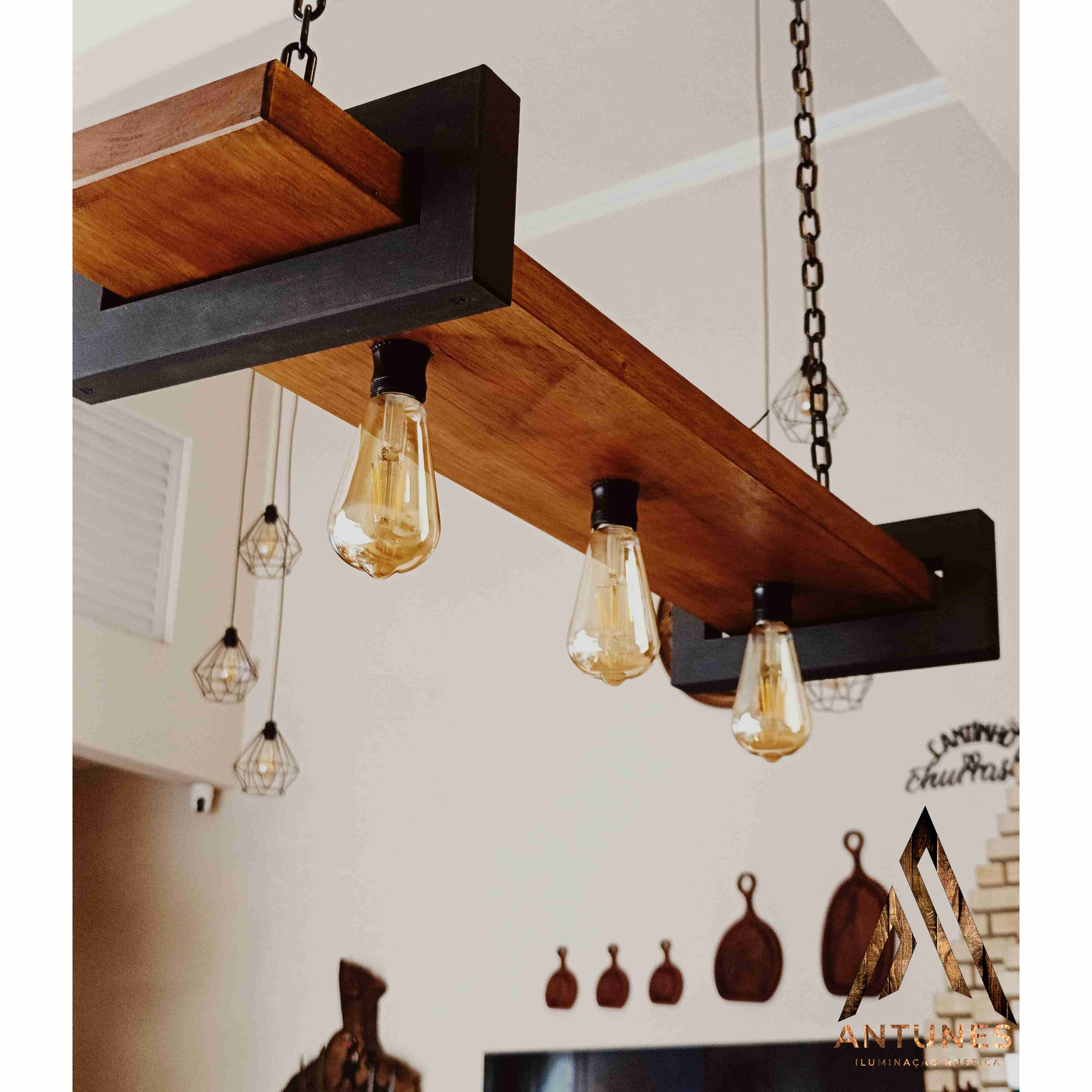 Pendente Rústico Industrial 95cm 3 Lâmpadas Madeira Maciça – Antunes (não acompanha lampadas) - Imagem 12