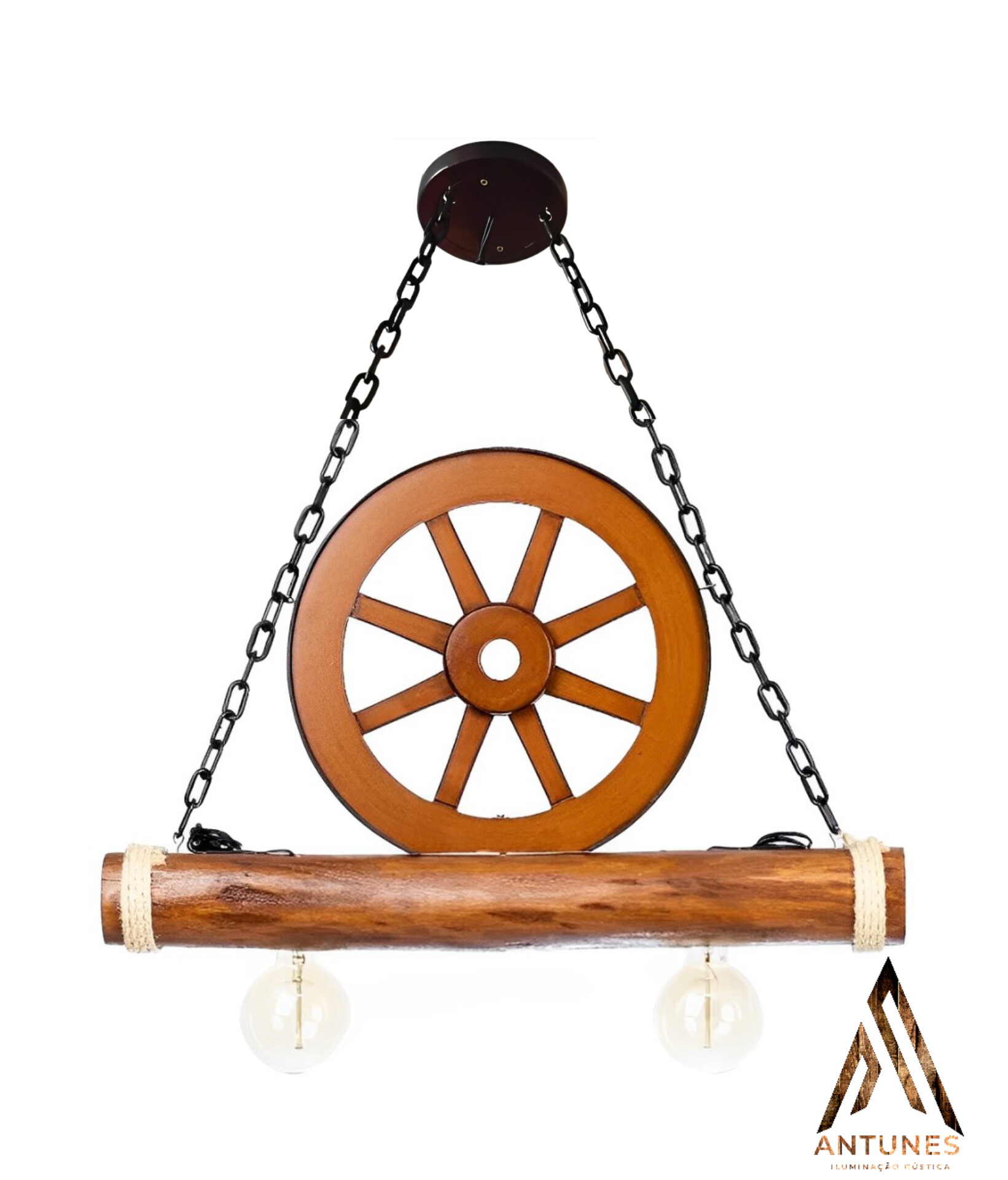 Pendente Rústico Roda de Carroça Caibro Madeira Maciça 2 Lâmpadas Antunes Bivolt (não acompanha lampadas) - Imagem 3