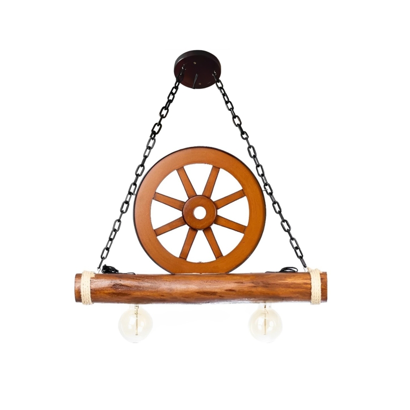 Pendente Rústico Roda de Carroça Caibro Madeira Maciça 2 Lâmpadas Antunes Bivolt (não acompanha lampadas)