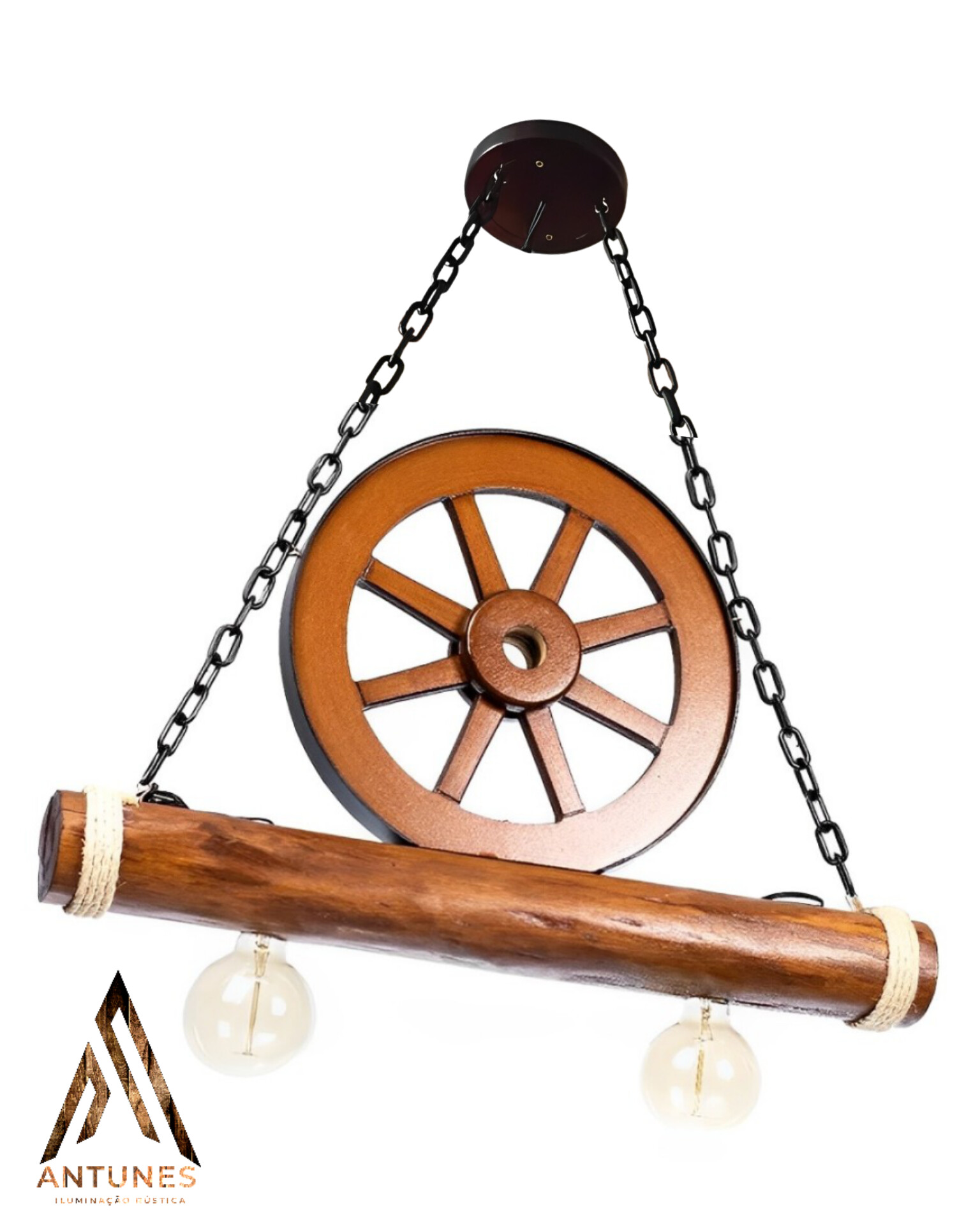 Pendente Rústico Roda de Carroça Caibro Madeira Maciça 2 Lâmpadas Antunes Bivolt (não acompanha lampadas) - Imagem 6
