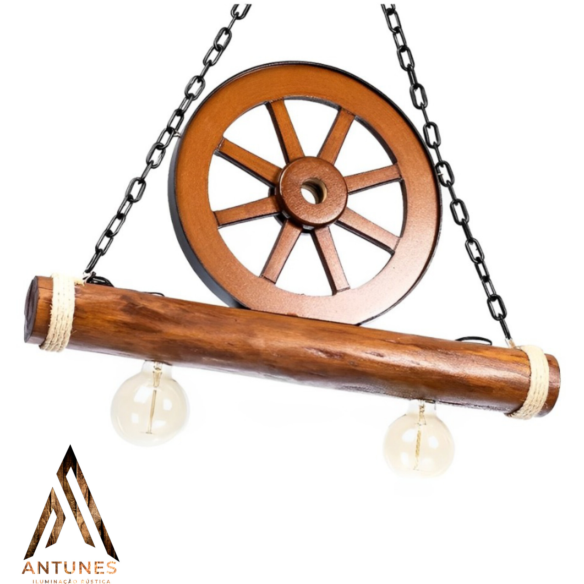 Pendente Rústico Roda de Carroça Caibro Madeira Maciça 2 Lâmpadas Antunes Bivolt (não acompanha lampadas) - Imagem 2