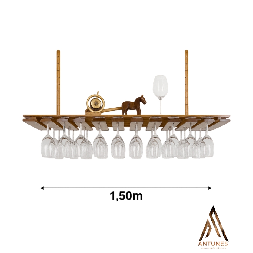 Suporte de Taças Suspenso Rústico 1,50m com Prateleira Decorativa – Madeira Maciça ( 40 taças )