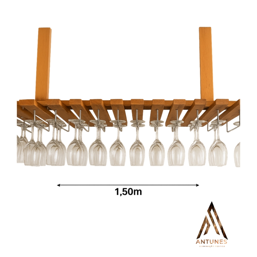 Suporte de Taças Suspenso 1,50m em Madeira Maciça – Rústico, Artesanal e Elegante ( 36 Taças )