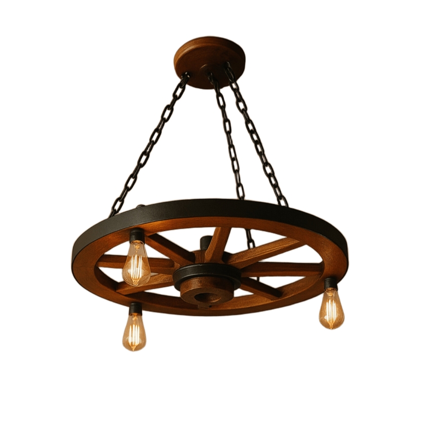 Lustre Rústico Roda de Carroça 60cm Madeira Maciça 3 Lâmpadas Bivolt Teto Retro Antunes ( não acompanha lampadas )
