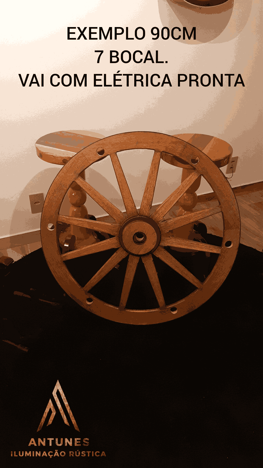 Lustre Rústico Gigante 90cm 7 Bocais Roda de Carroça Madeira Maciça Retrô Artesanal – Antunes (não acompanha lampadas) - Imagem 3
