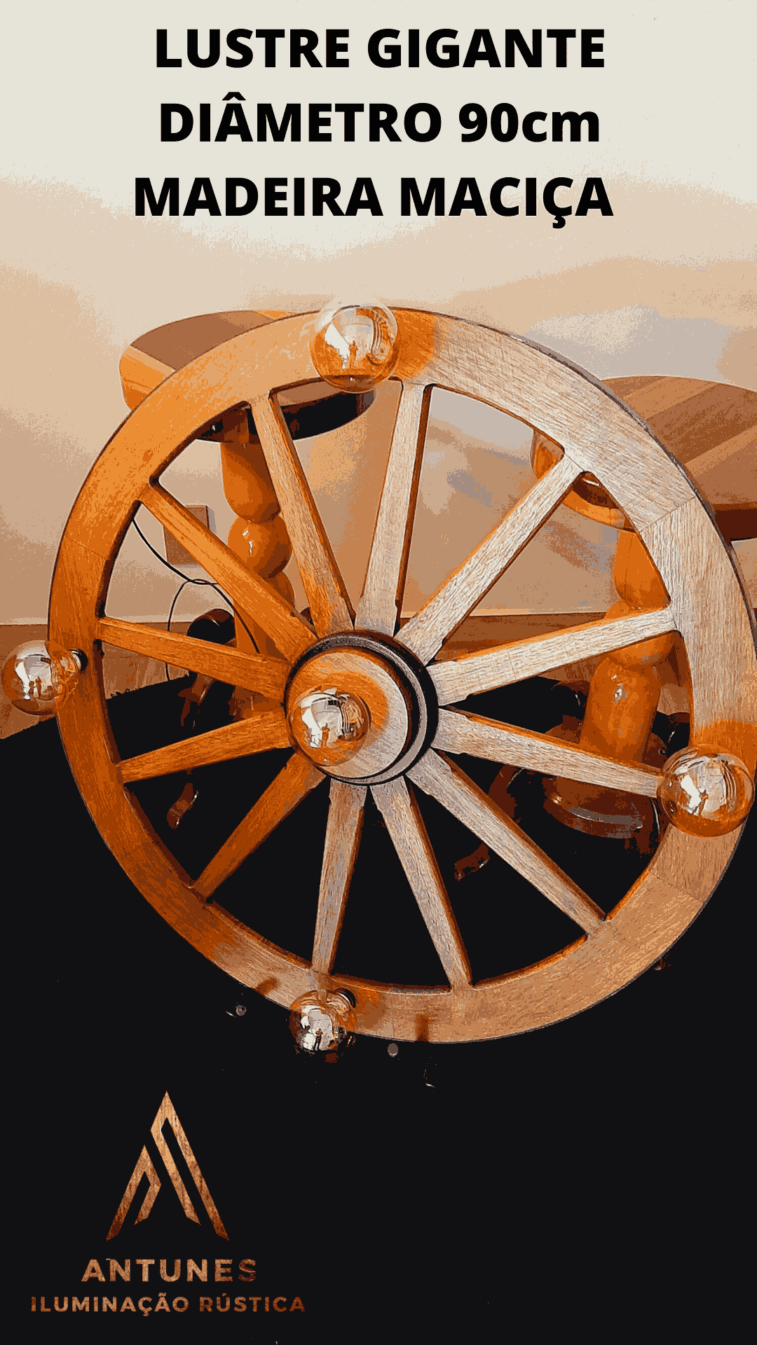 Lustre Gigante Rústico 90cm 5 Bocal Madeira Maciça Retrô Artesanal – Antunes (não acompanha lampadas) - Imagem 12